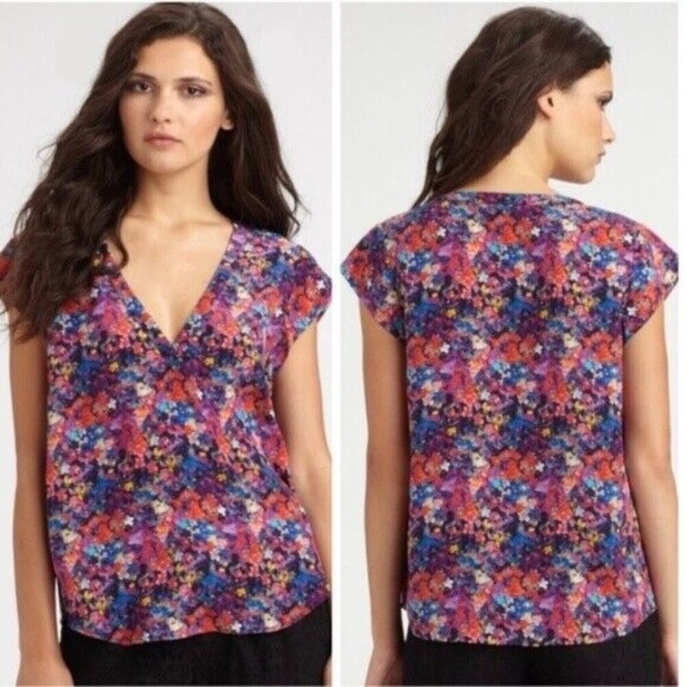 Joie XS Floral Print Cap Sleeve V-Neck Silk Blouse Lightweight Casual Top Office
